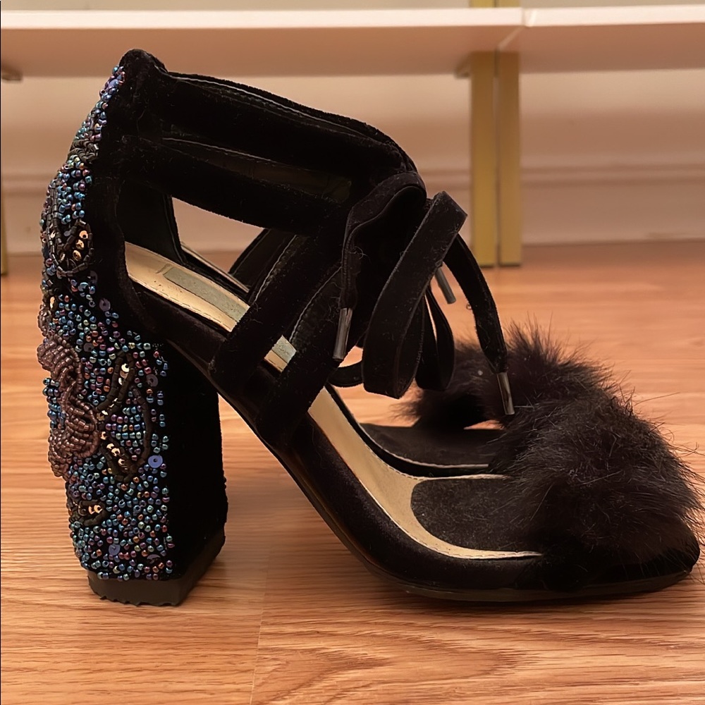 Betsey Johnson velvet sandal with beaded block 3 3⁄4 heel and faux fur.